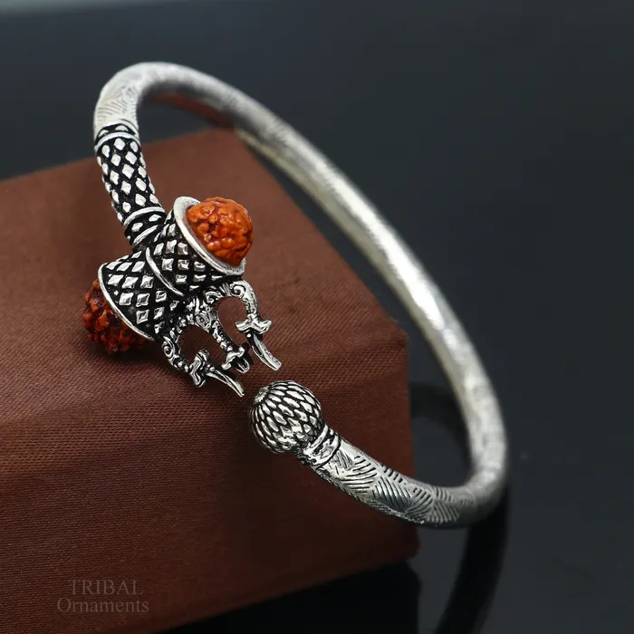 Exclusive stunning 925 sterling silver handmade Shiva rudraksha Trishul bangle bracelet kada excellent Bahubali trident kada gift nssk579 TRIBALORNAMENT Bracelets