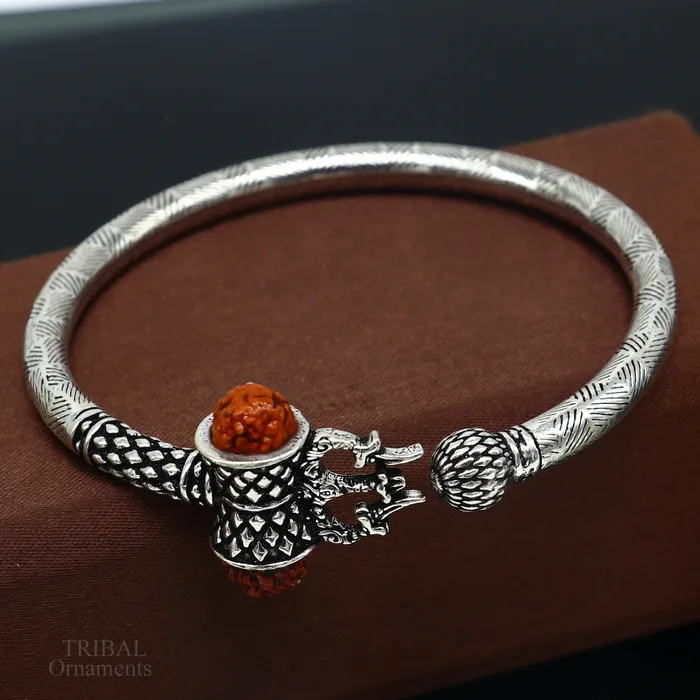 Exclusive stunning 925 sterling silver handmade Shiva rudraksha Trishul bangle bracelet kada excellent Bahubali trident kada gift nssk579 TRIBALORNAMENT Bracelets
