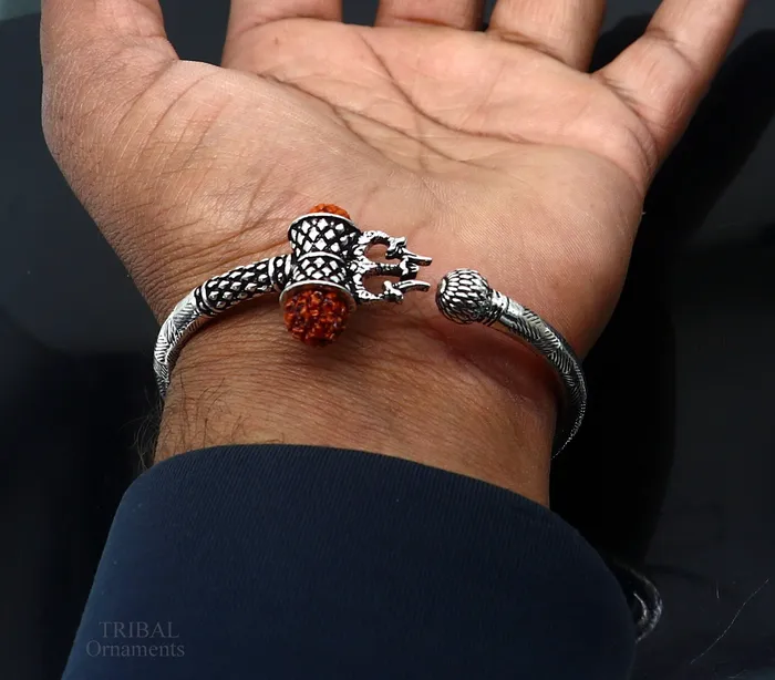 Exclusive stunning 925 sterling silver handmade Shiva rudraksha Trishul bangle bracelet kada excellent Bahubali trident kada gift nssk579 TRIBALORNAMENT Bracelets