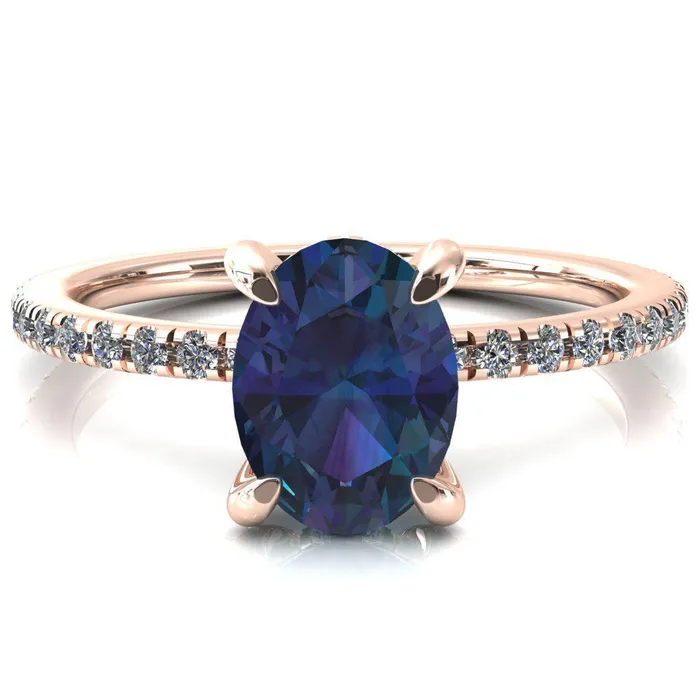Ezili Oval Alexandrite 4 Claw Prong Micro Pave Diamond Sides Engagement Ring Fire Brilliance Rings