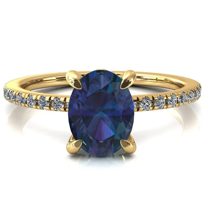 Ezili Oval Alexandrite 4 Claw Prong Micro Pave Diamond Sides Engagement Ring Fire Brilliance Rings