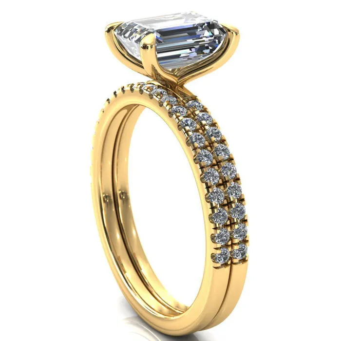Fire Brilliance Alessandra Emerald Center Stone 4 Claw Prong Diamond Accent Engagement Ring Rings