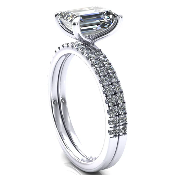 Fire Brilliance Alessandra Emerald Center Stone 4 Claw Prong Diamond Accent Engagement Ring Rings