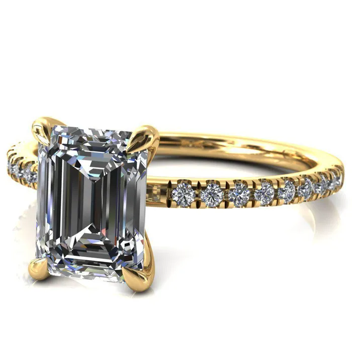 Fire Brilliance Alessandra Emerald Center Stone 4 Claw Prong Diamond Accent Engagement Ring Rings