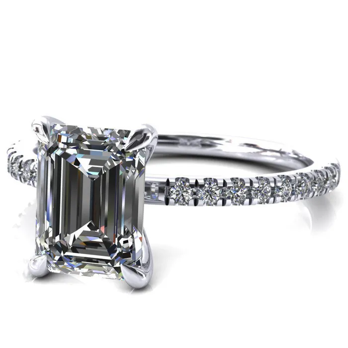 Fire Brilliance Alessandra Emerald Center Stone 4 Claw Prong Diamond Accent Engagement Ring Rings
