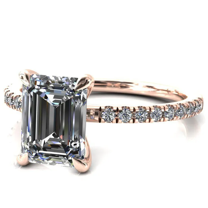 Fire Brilliance Alessandra Emerald Center Stone 4 Claw Prong Diamond Accent Engagement Ring Rings