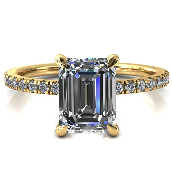Fire Brilliance Alessandra Emerald Center Stone 4 Claw Prong Diamond Accent Engagement Ring Rings