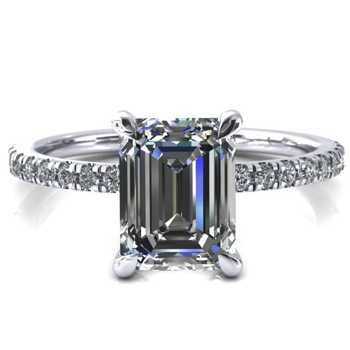 Fire Brilliance Alessandra Emerald Center Stone 4 Claw Prong Diamond Accent Engagement Ring Rings