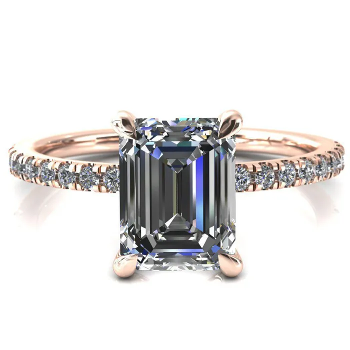 Fire Brilliance Alessandra Emerald Center Stone 4 Claw Prong Diamond Accent Engagement Ring Rings