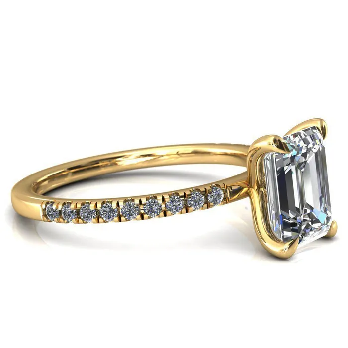 Fire Brilliance Alessandra Emerald Center Stone 4 Claw Prong Diamond Accent Engagement Ring Rings