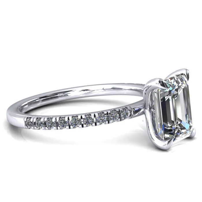 Fire Brilliance Alessandra Emerald Center Stone 4 Claw Prong Diamond Accent Engagement Ring Rings
