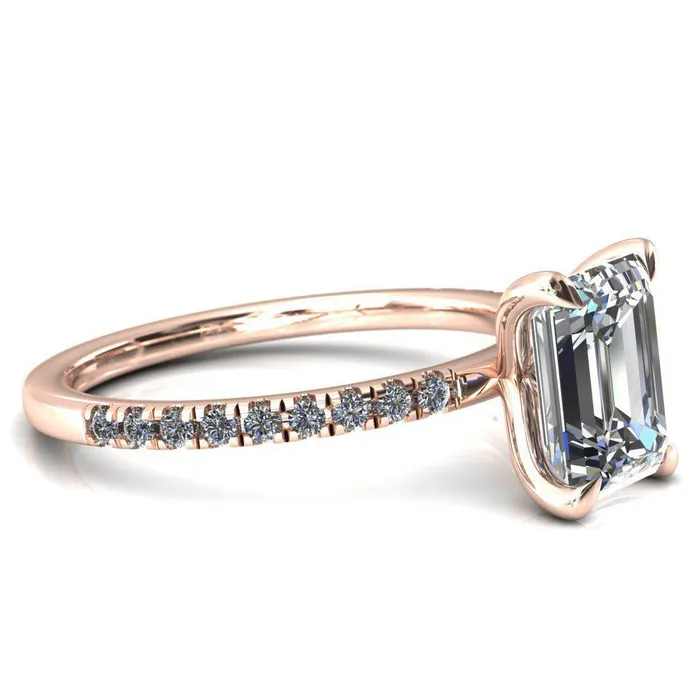 Fire Brilliance Alessandra Emerald Center Stone 4 Claw Prong Diamond Accent Engagement Ring Rings