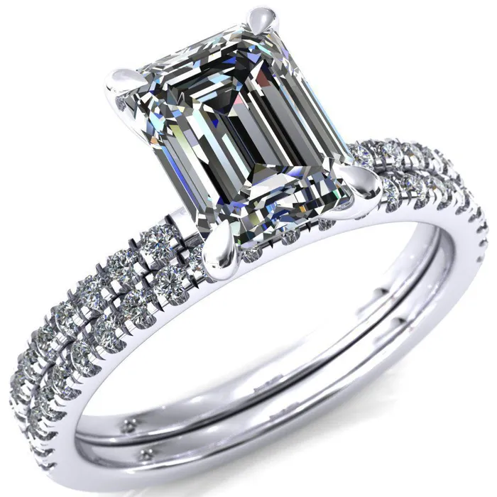Fire Brilliance Alessandra Emerald Center Stone 4 Claw Prong Diamond Accent Engagement Ring Rings