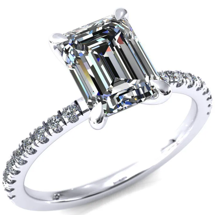 Fire Brilliance Alessandra Emerald Center Stone 4 Claw Prong Diamond Accent Engagement Ring Rings