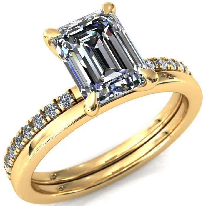 Fire Brilliance Alessandra Emerald Center Stone 4 Claw Prong Diamond Accent Engagement Ring Rings