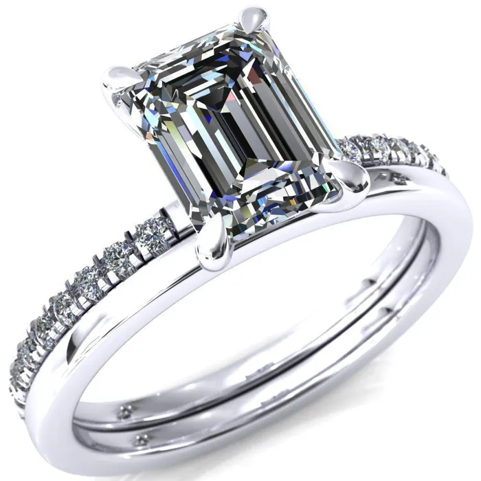 Fire Brilliance Alessandra Emerald Center Stone 4 Claw Prong Diamond Accent Engagement Ring Rings
