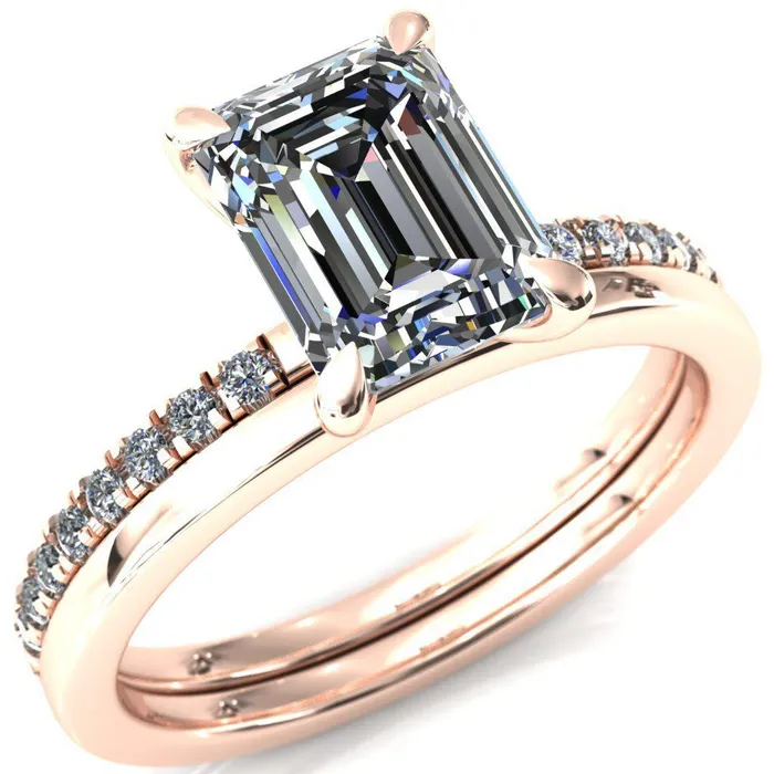 Fire Brilliance Alessandra Emerald Center Stone 4 Claw Prong Diamond Accent Engagement Ring Rings