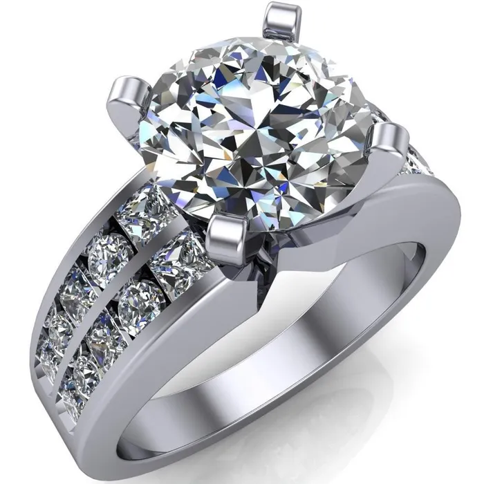 Fire Brilliance Arquette Round Center Stone 4 Prong Double Diamond Channel Setting Ring Rings