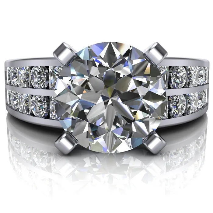 Fire Brilliance Arquette Round Center Stone 4 Prong Double Diamond Channel Setting Ring Rings
