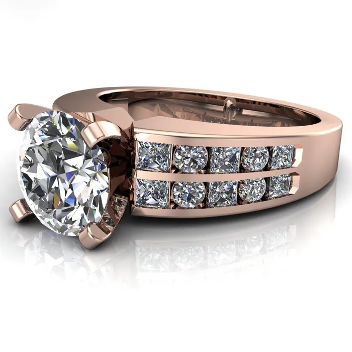 Fire Brilliance Arquette Round Center Stone 4 Prong Double Diamond Channel Setting Ring Rings