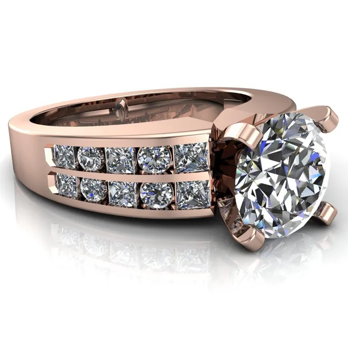 Fire Brilliance Arquette Round Center Stone 4 Prong Double Diamond Channel Setting Ring Rings