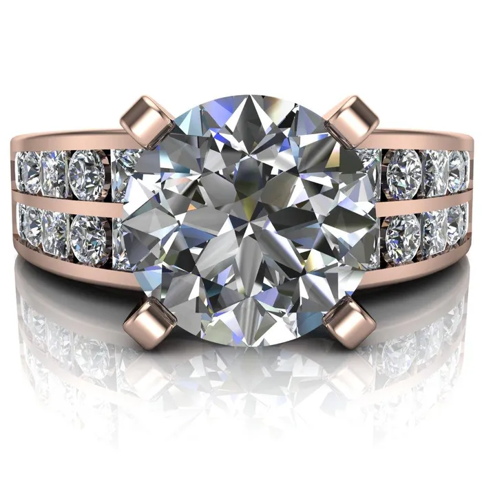Fire Brilliance Arquette Round Center Stone 4 Prong Double Diamond Channel Setting Ring Rings