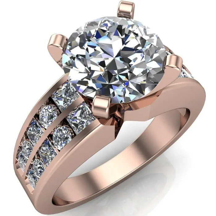 Fire Brilliance Arquette Round Center Stone 4 Prong Double Diamond Channel Setting Ring Rings