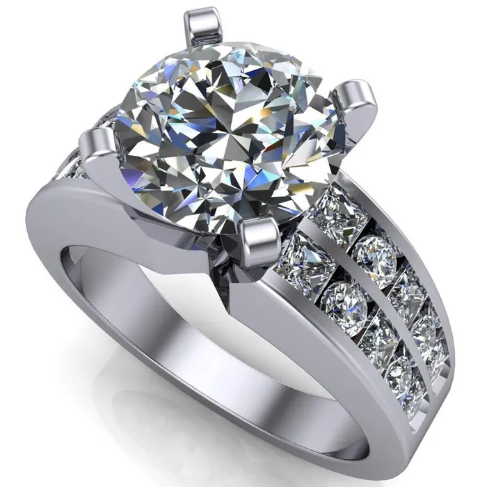 Fire Brilliance Arquette Round Center Stone 4 Prong Double Diamond Channel Setting Ring Rings