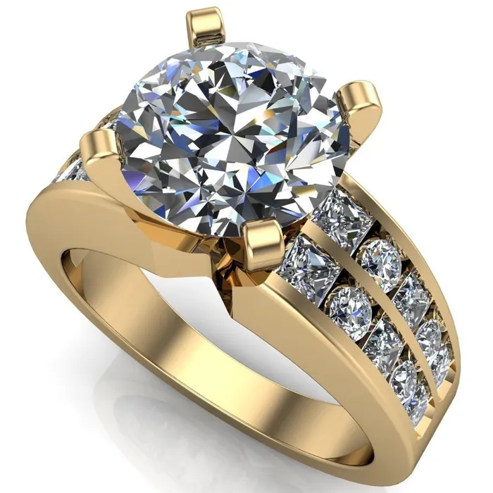 Fire Brilliance Arquette Round Center Stone 4 Prong Double Diamond Channel Setting Ring Rings