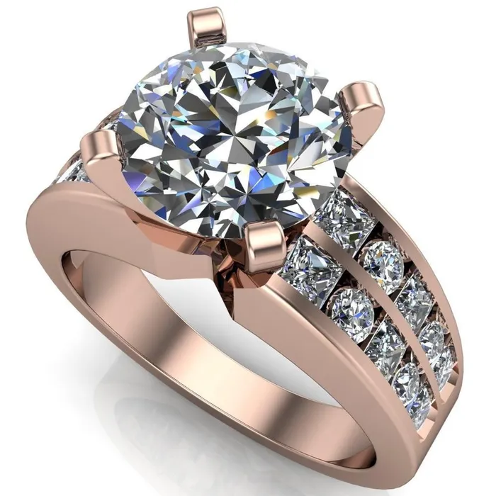Fire Brilliance Arquette Round Center Stone 4 Prong Double Diamond Channel Setting Ring Rings