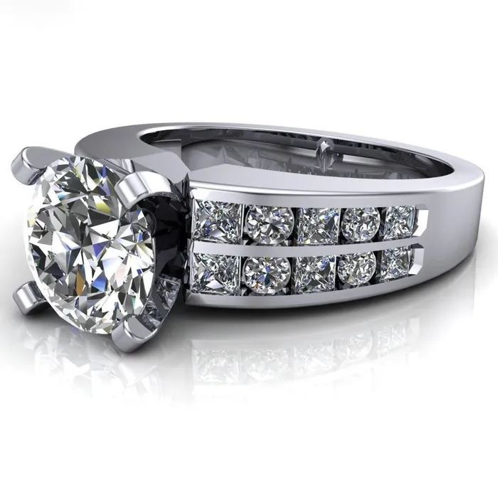Fire Brilliance Arquette Round Center Stone 4 Prong Double Diamond Channel Setting Ring Rings