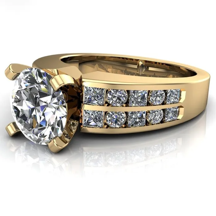 Fire Brilliance Arquette Round Center Stone 4 Prong Double Diamond Channel Setting Ring Rings