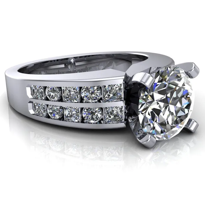 Fire Brilliance Arquette Round Center Stone 4 Prong Double Diamond Channel Setting Ring Rings