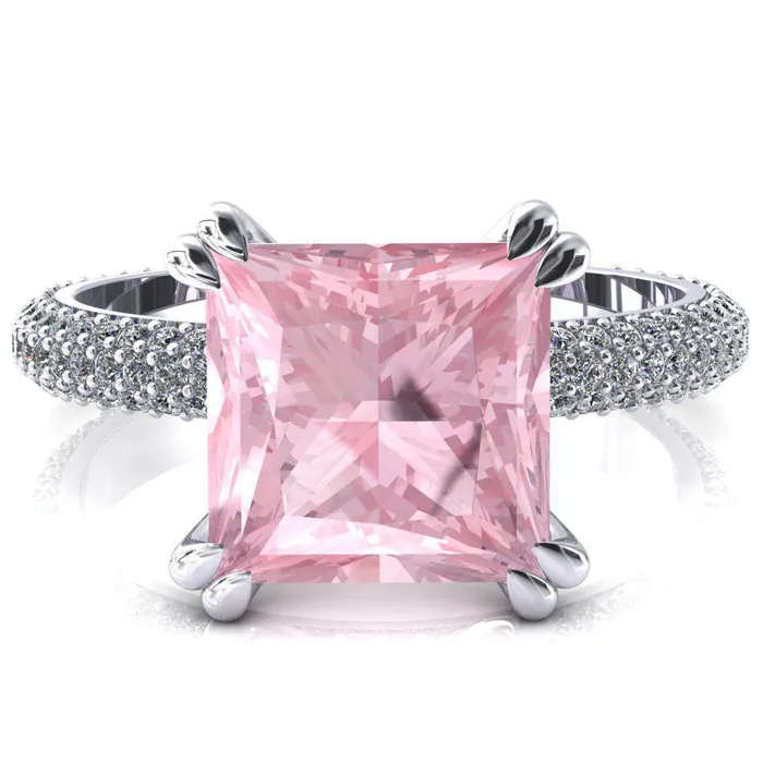 Fire Brilliance Elley Princess Pink Sapphire 4 Claw Prong Diamond Accent Engagement Ring Rings