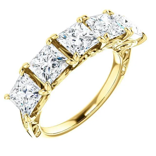 Fire Brilliance Estella Princess Moissanite Filigree Scrolls Engagement Band Rings