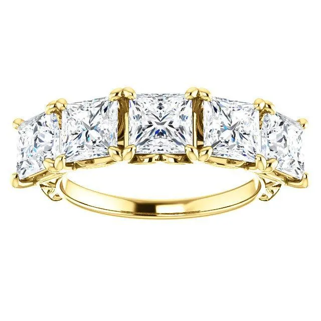 Fire Brilliance Estella Princess Moissanite Filigree Scrolls Engagement Band Rings