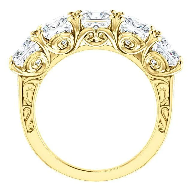 Fire Brilliance Estella Princess Moissanite Filigree Scrolls Engagement Band Rings