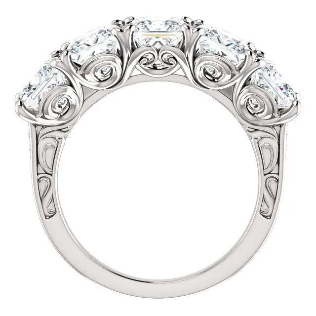 Fire Brilliance Estella Princess Moissanite Filigree Scrolls Engagement Band Rings