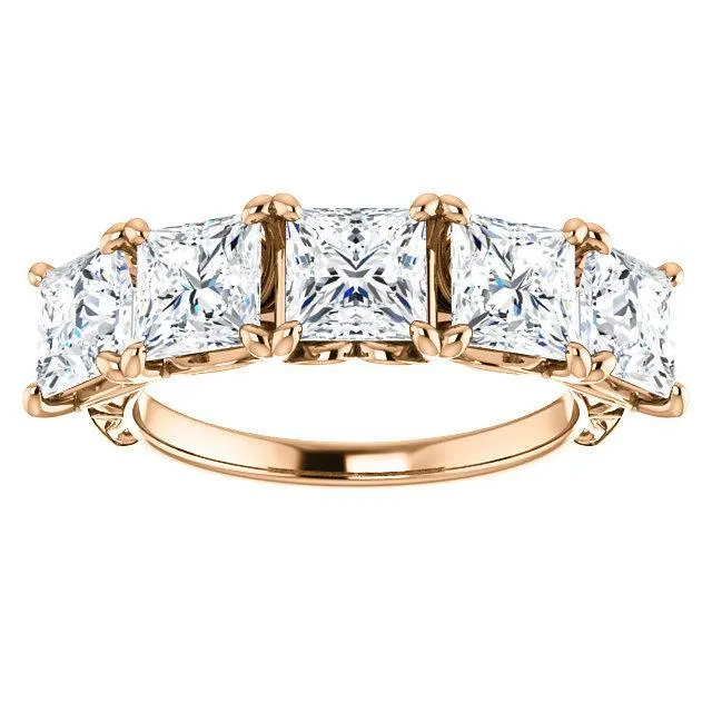 Fire Brilliance Estella Princess Moissanite Filigree Scrolls Engagement Band Rings