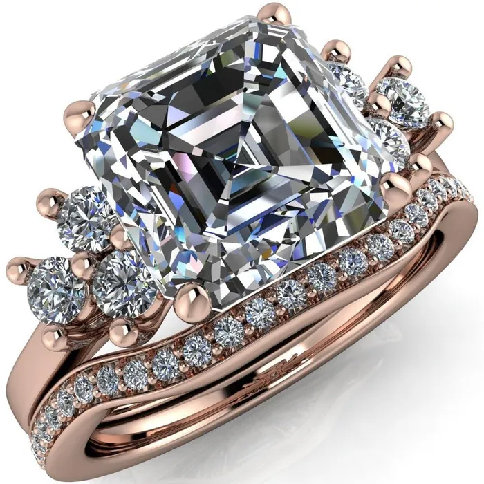 Fire Brilliance Nirvana Asscher Moissanite Multi Diamond Side Engagement Ring Rings