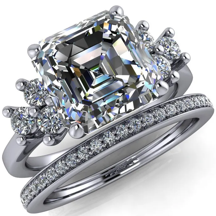 Fire Brilliance Nirvana Asscher Moissanite Multi Diamond Side Engagement Ring Rings