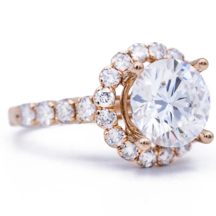 Fire Brilliance Rings 95mm Round Center 14K Rose Gold Halo Ring