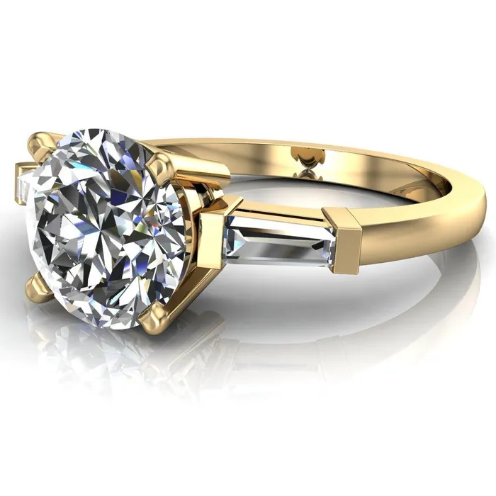 Fire Brilliance Rings Belle Round Center Stone 4 Prong Side Diamond Baguette Ring