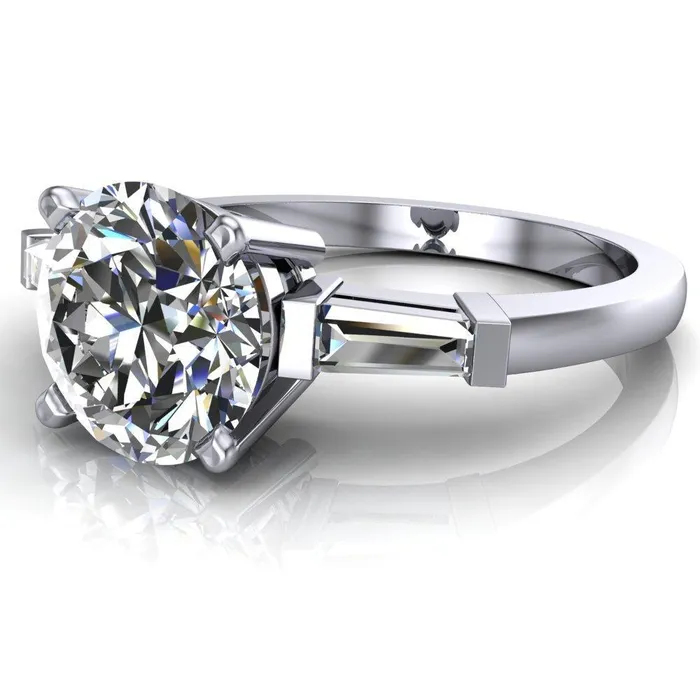 Fire Brilliance Rings Belle Round Center Stone 4 Prong Side Diamond Baguette Ring