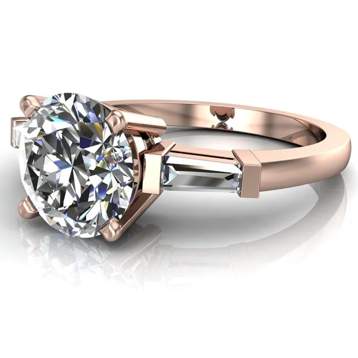 Fire Brilliance Rings Belle Round Center Stone 4 Prong Side Diamond Baguette Ring