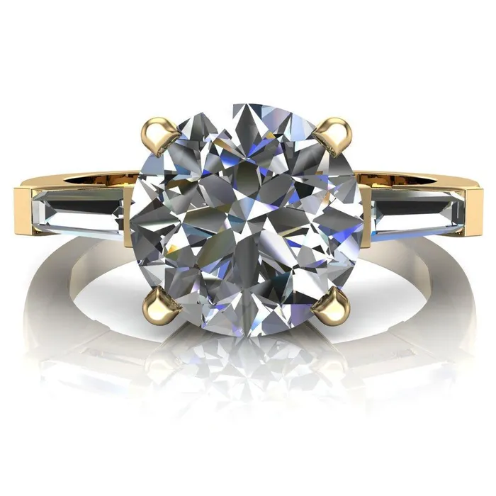 Fire Brilliance Rings Belle Round Center Stone 4 Prong Side Diamond Baguette Ring
