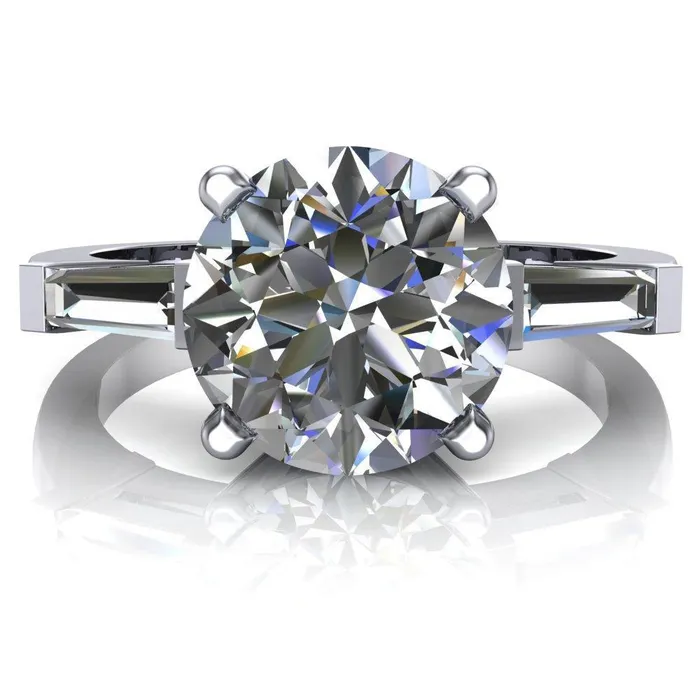 Fire Brilliance Rings Belle Round Center Stone 4 Prong Side Diamond Baguette Ring