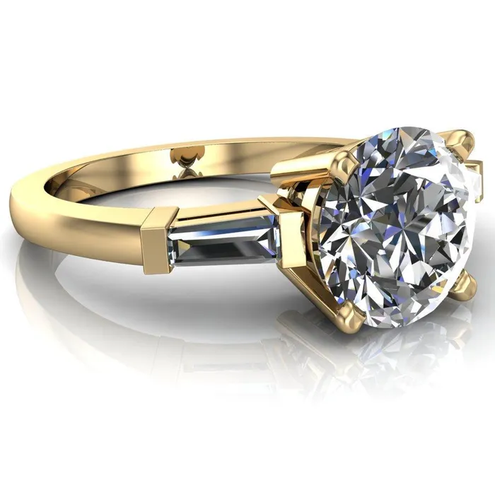 Fire Brilliance Rings Belle Round Center Stone 4 Prong Side Diamond Baguette Ring