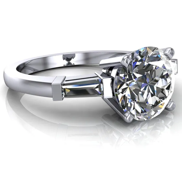 Fire Brilliance Rings Belle Round Center Stone 4 Prong Side Diamond Baguette Ring