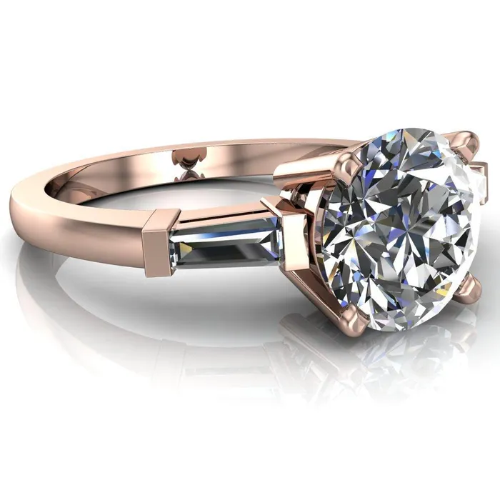 Fire Brilliance Rings Belle Round Center Stone 4 Prong Side Diamond Baguette Ring
